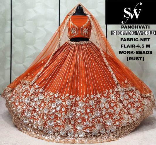 Rust Orange Net Lehenga