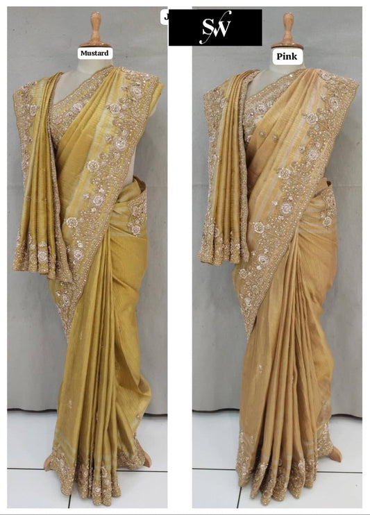 Mustard Pink Golden Designer Saree