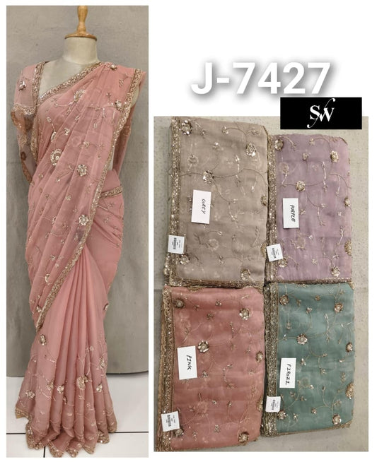 Pink Pista Green Lavender Brown Saree