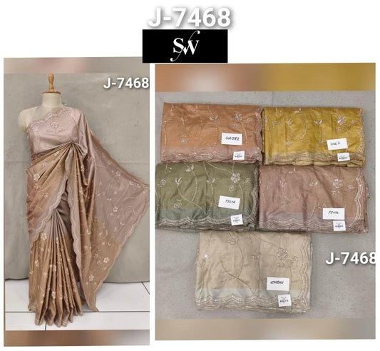 Pink Green Yellow Golden Peach Saree