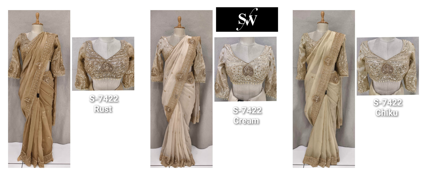 Chiku Golden Off White Rust Brown Saree