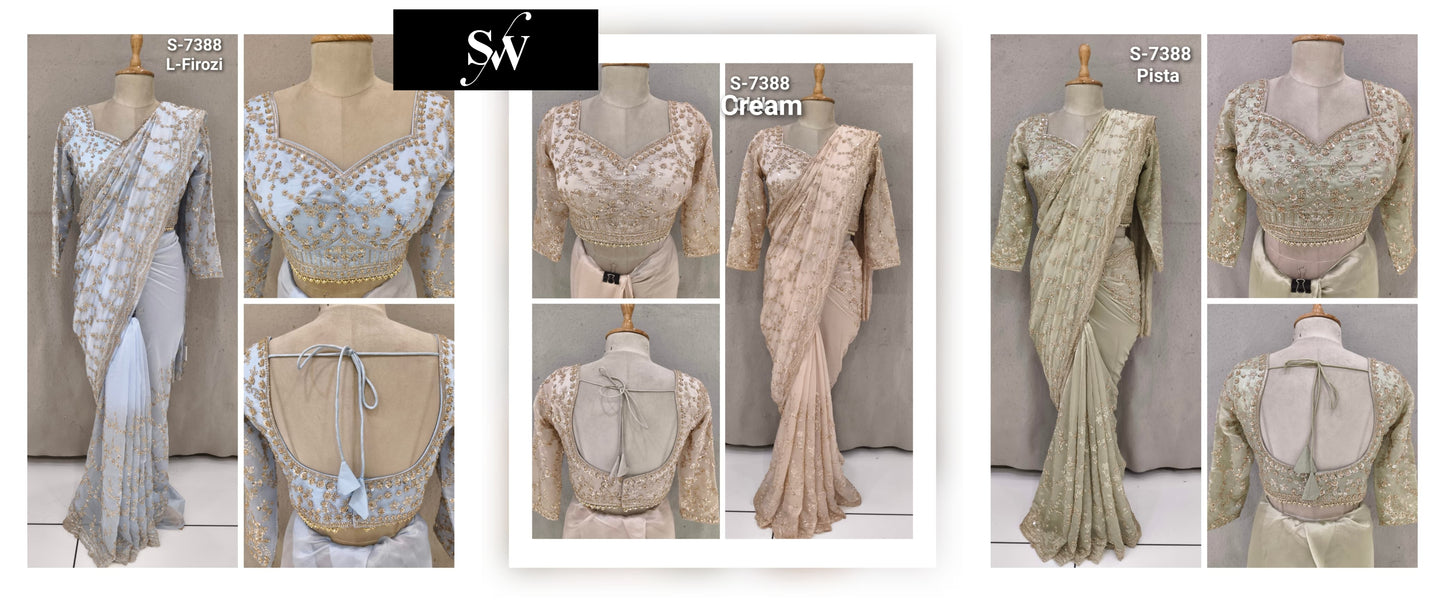 Light Blue Off White Pista Green Designer Saree
