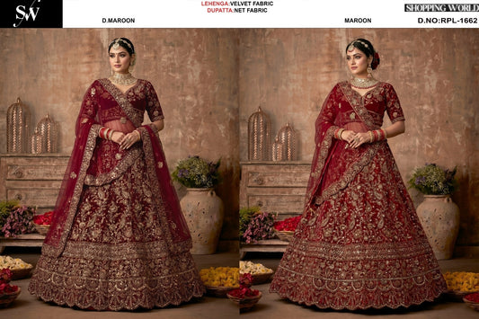 Dark Maroon Maroon Velvet Bridal Lehenga