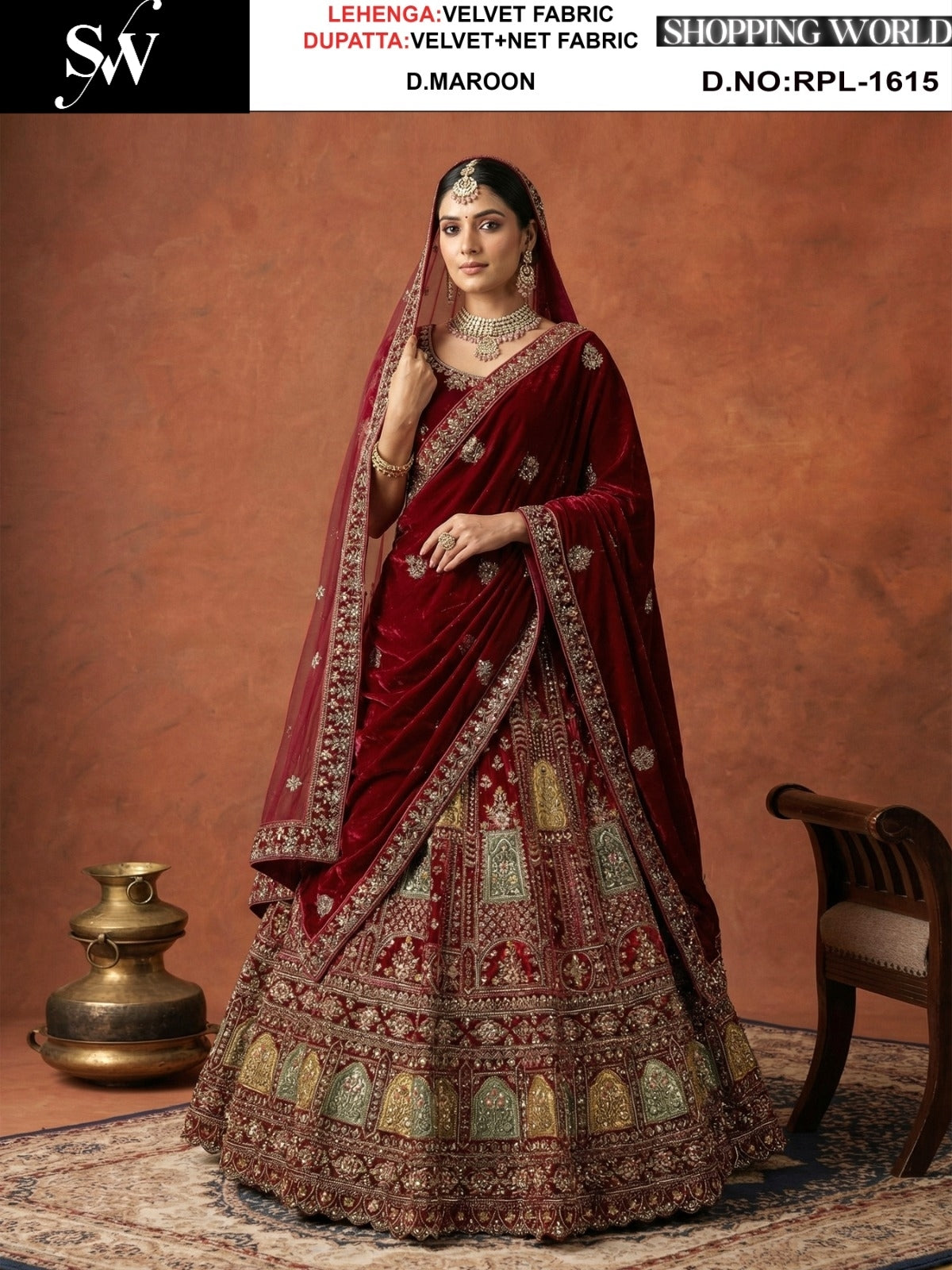 Dark Maroon Velvet Bridal Lehenga