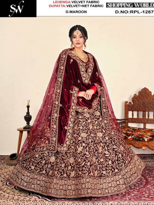 Dark Maroon Velvet Bridal Lehenga