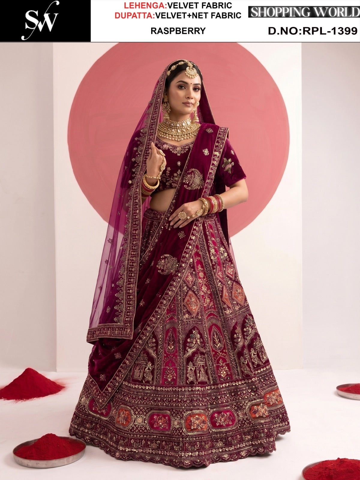 Raspberry Maroon Velvet Bridal Lehenga