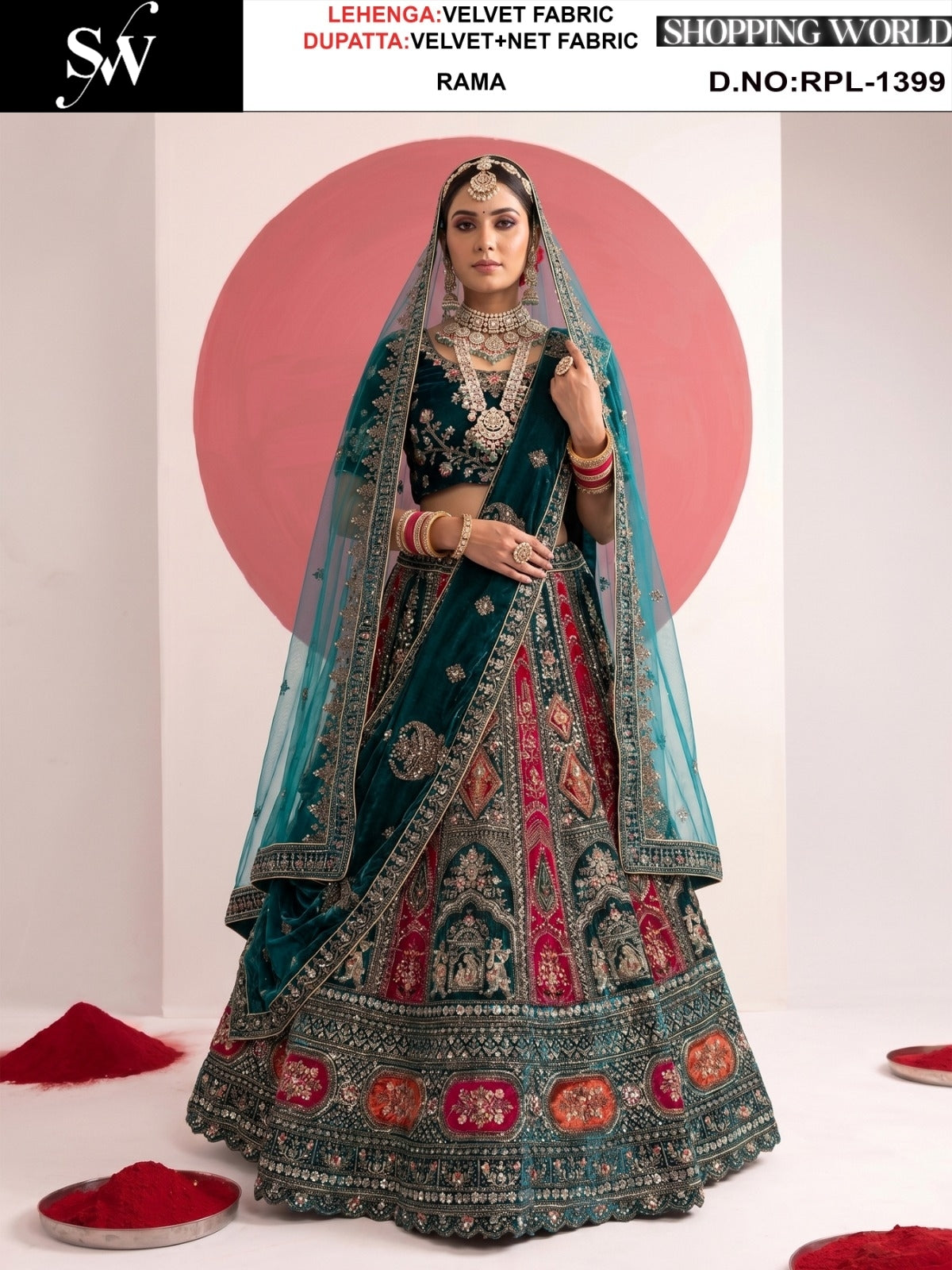 Rama Green Velvet Bridal Lehenga