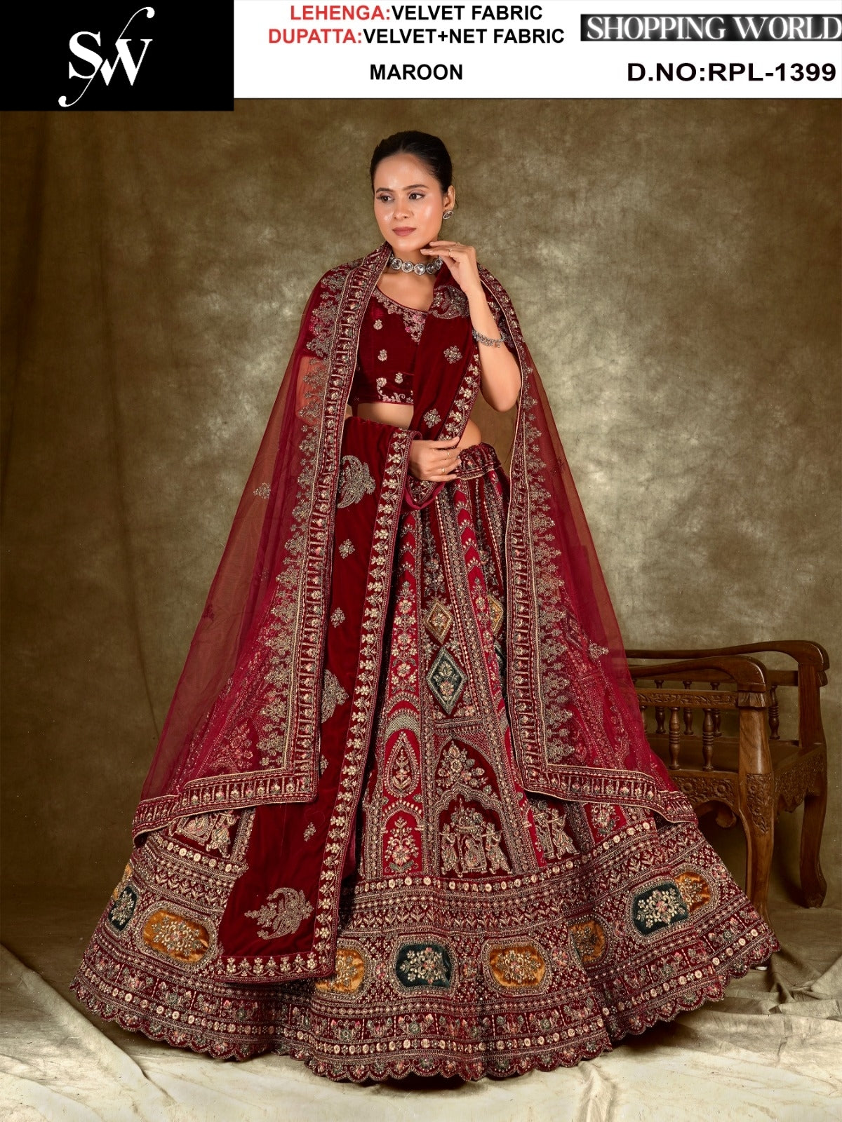 Maroon Velvet Bridal Lehenga