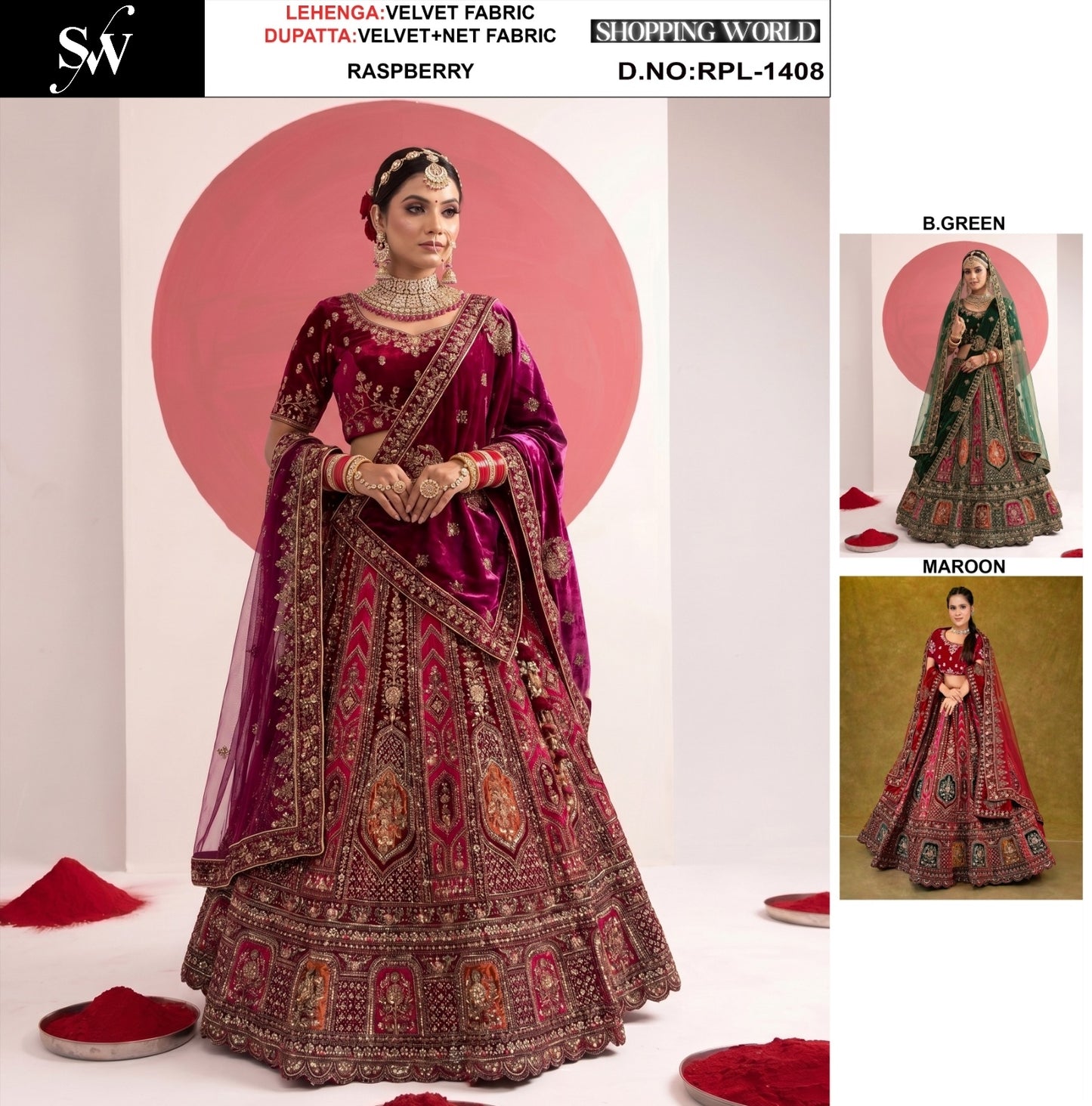Raspberry Maroon Velvet Bridal Lehenga