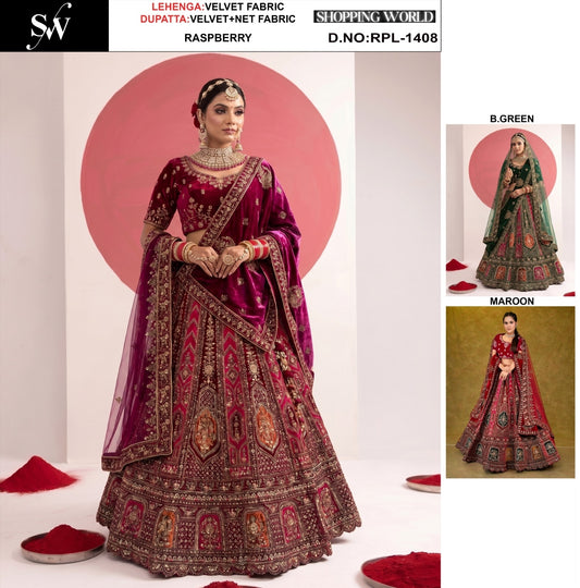 Raspberry Maroon Velvet Bridal Lehenga