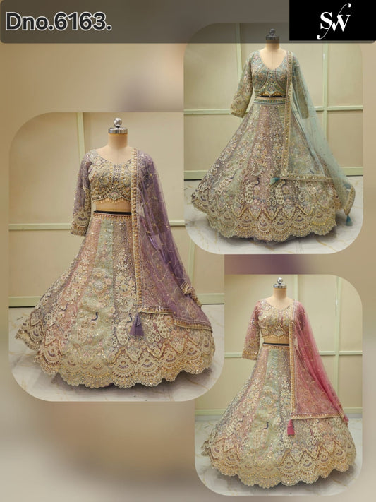 Purple Green Blue Multicolour Peacock Crop Top Lehenga