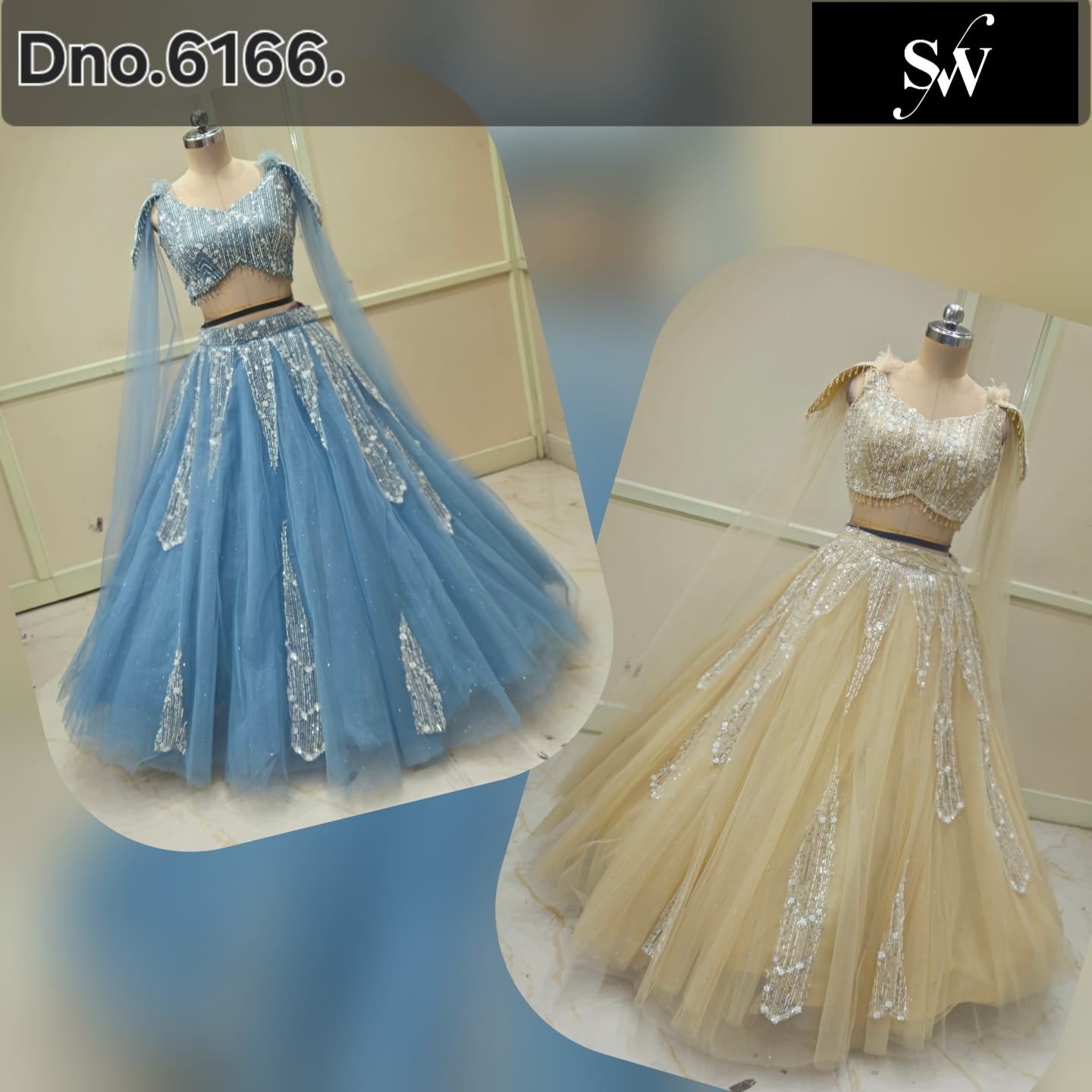 Blue Beige Golden Crop Top Lehenga