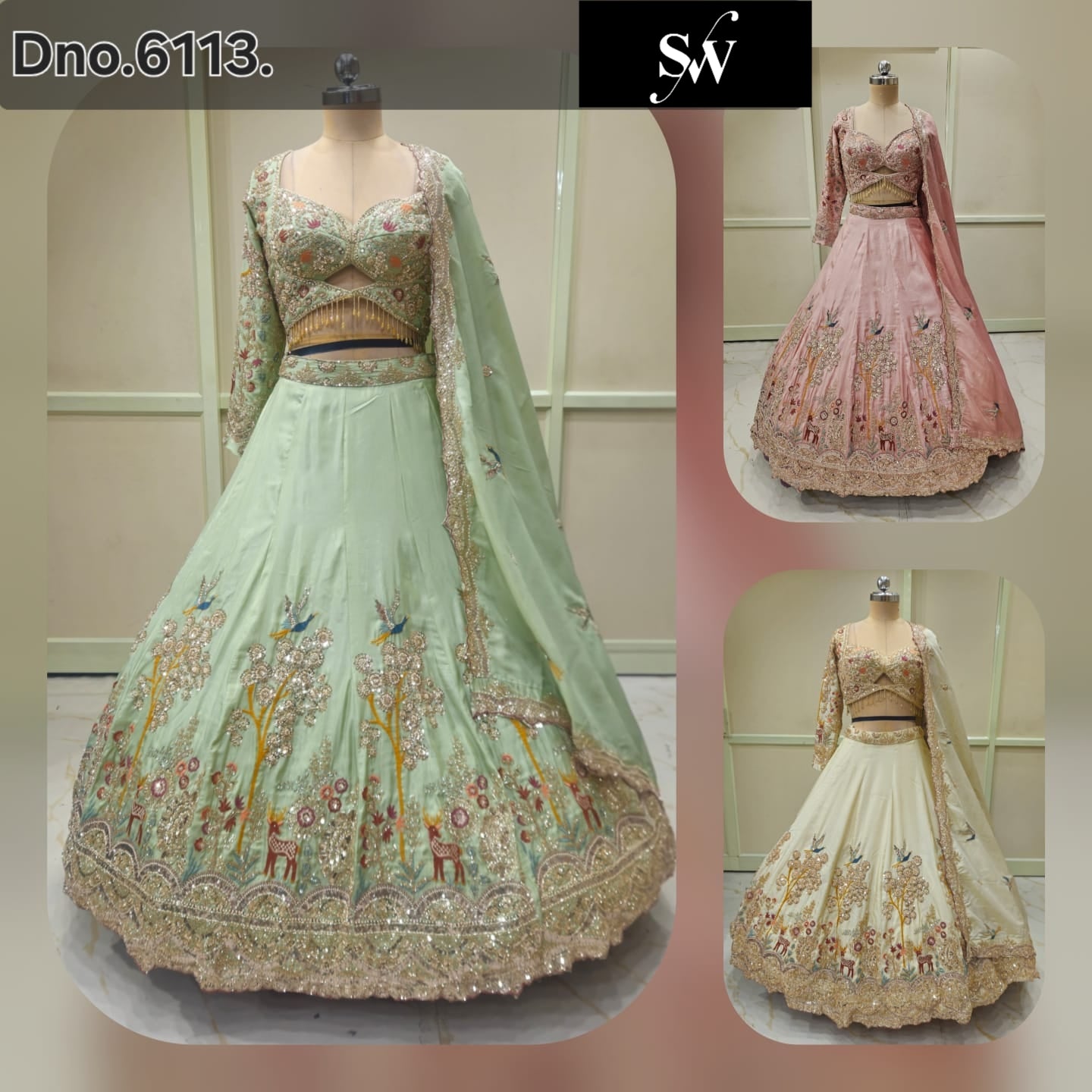 Pista Green pink White Peacock Crop Top Lehenga