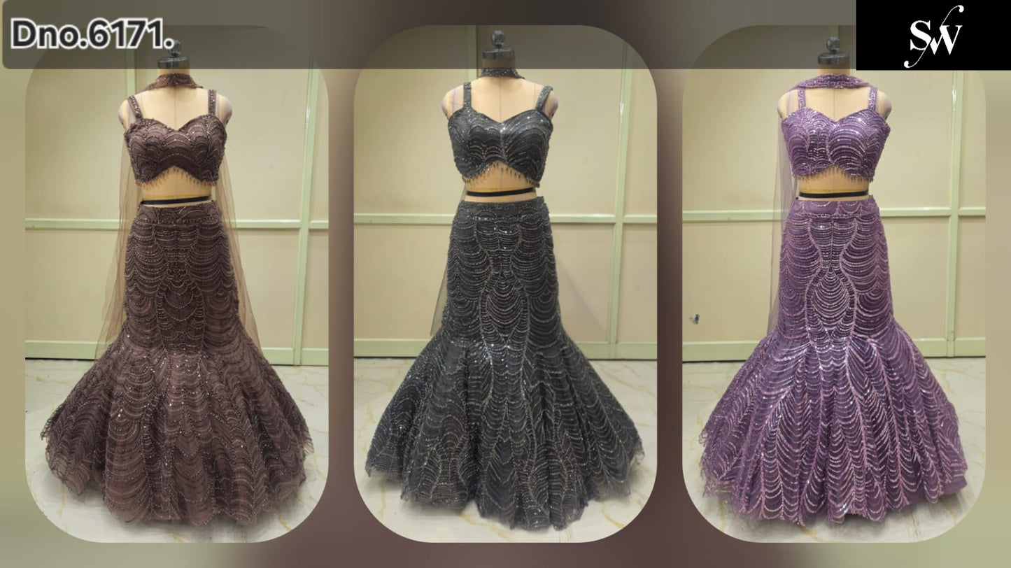 Brown Black Purple Crop Top Lehenga