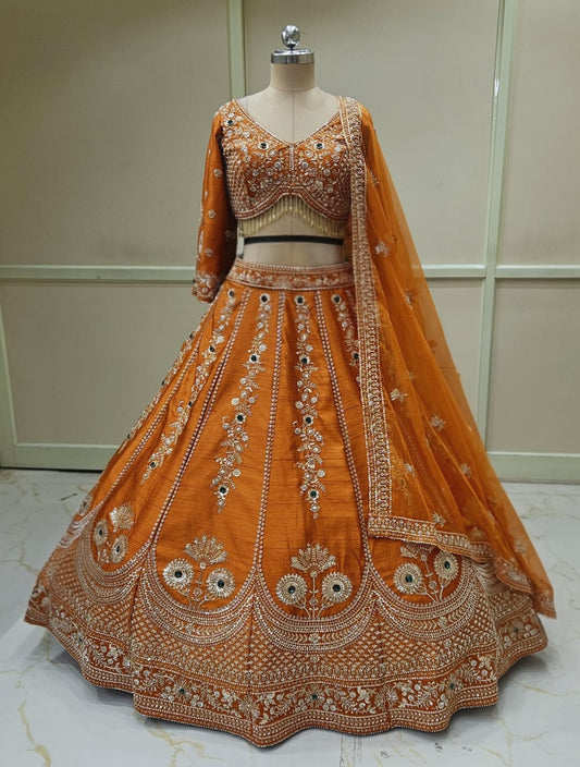 Rust Orange Golden Pink Crop Top Lehenga