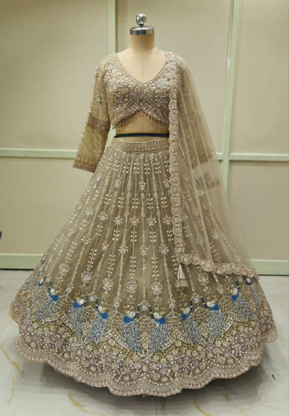Beige Golden mustard Crop Top Lehenga