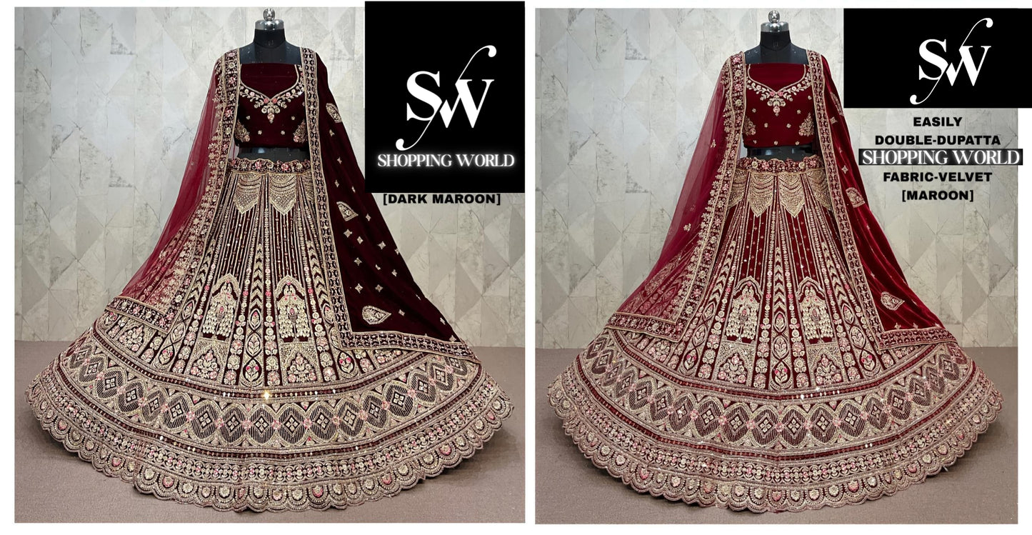 Maroon Dark Maroon Double Dupatta Velvet Bridal Lehenga