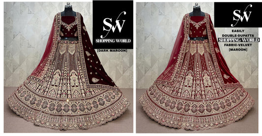 Maroon Dark Maroon Double Dupatta Velvet Bridal Lehenga