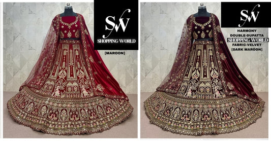 Maroon Dark Maroon Double Dupatta Velvet Bridal Lehenga