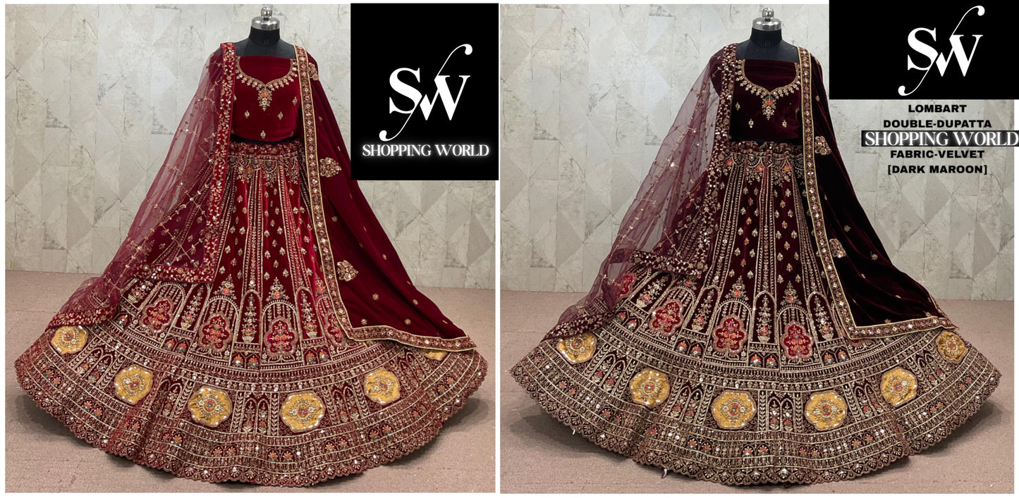 Maroon Dark Maroon  Double Dupatta Velvet Bridal Lehenga