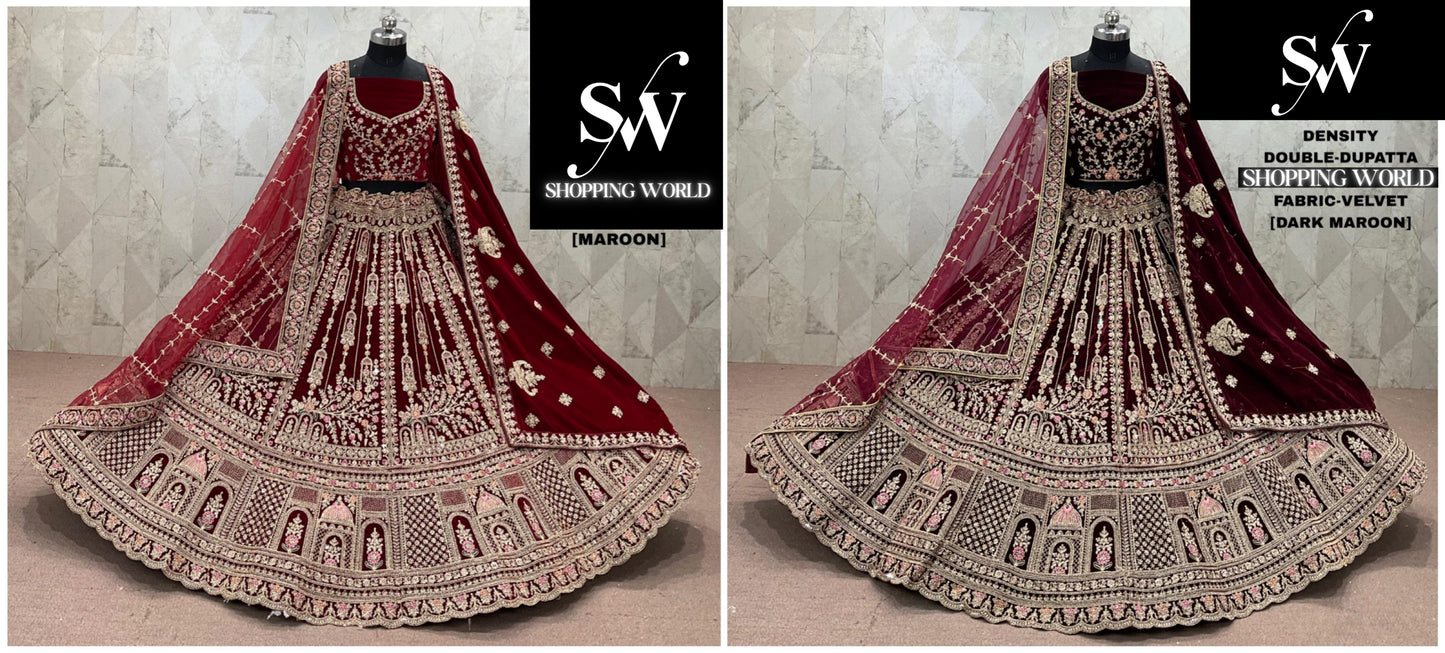 Maroon Dark Maroon  Double Dupatta Velvet Bridal Lehenga
