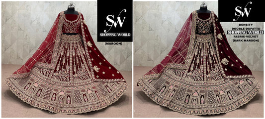 Maroon Dark Maroon  Double Dupatta Velvet Bridal Lehenga