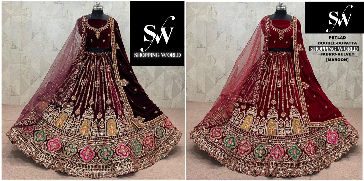 Maroon Dark Maroon  Double Dupatta Velvet Bridal Lehenga