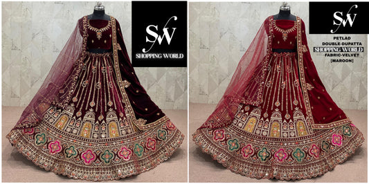 Maroon Dark Maroon  Double Dupatta Velvet Bridal Lehenga