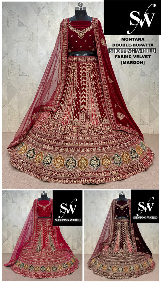 Rani Pink maroon Dark Maroon  Double Dupatta Velvet Bridal Lehenga