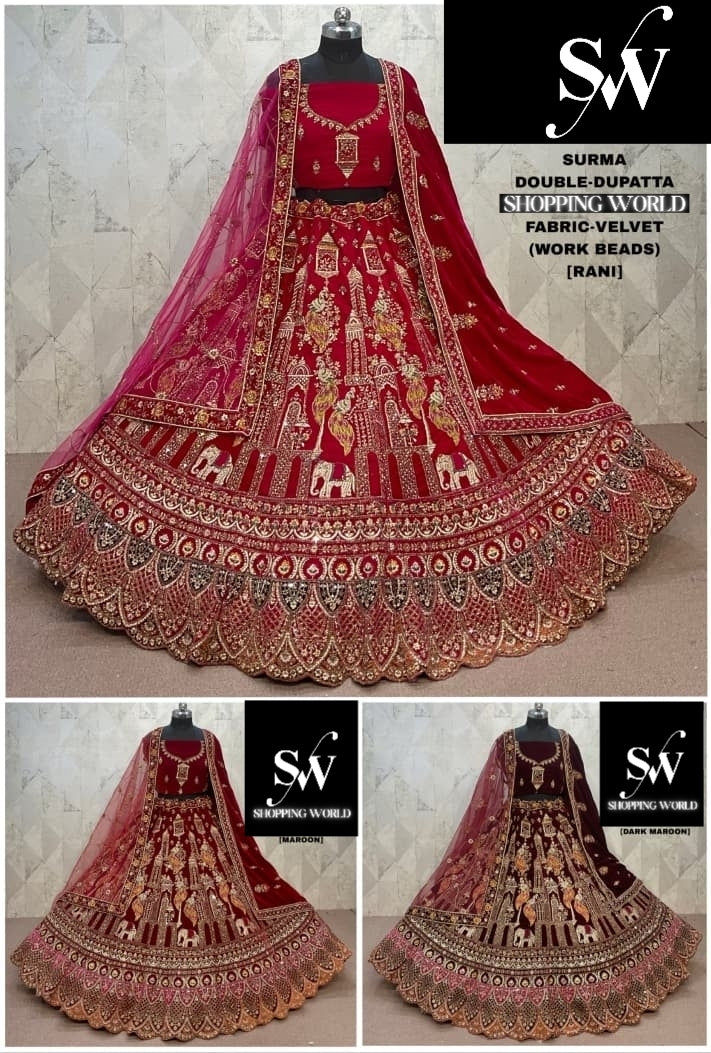 Rani Pink maroon Dark Maroon  Double Dupatta Peacock Velvet Bridal Lehenga