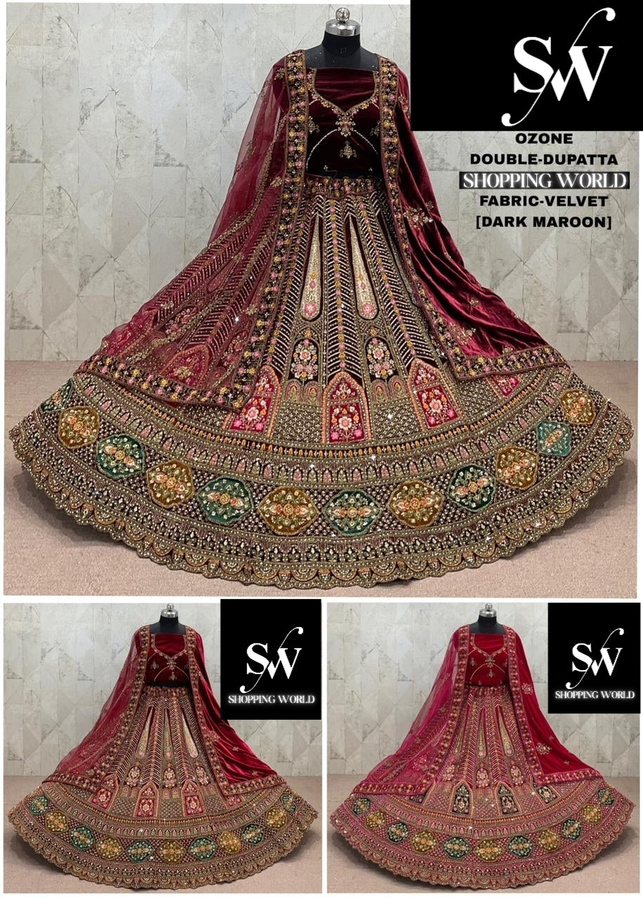 Rani Pink maroon Dark Maroon  Double Dupatta Velvet Bridal Lehenga