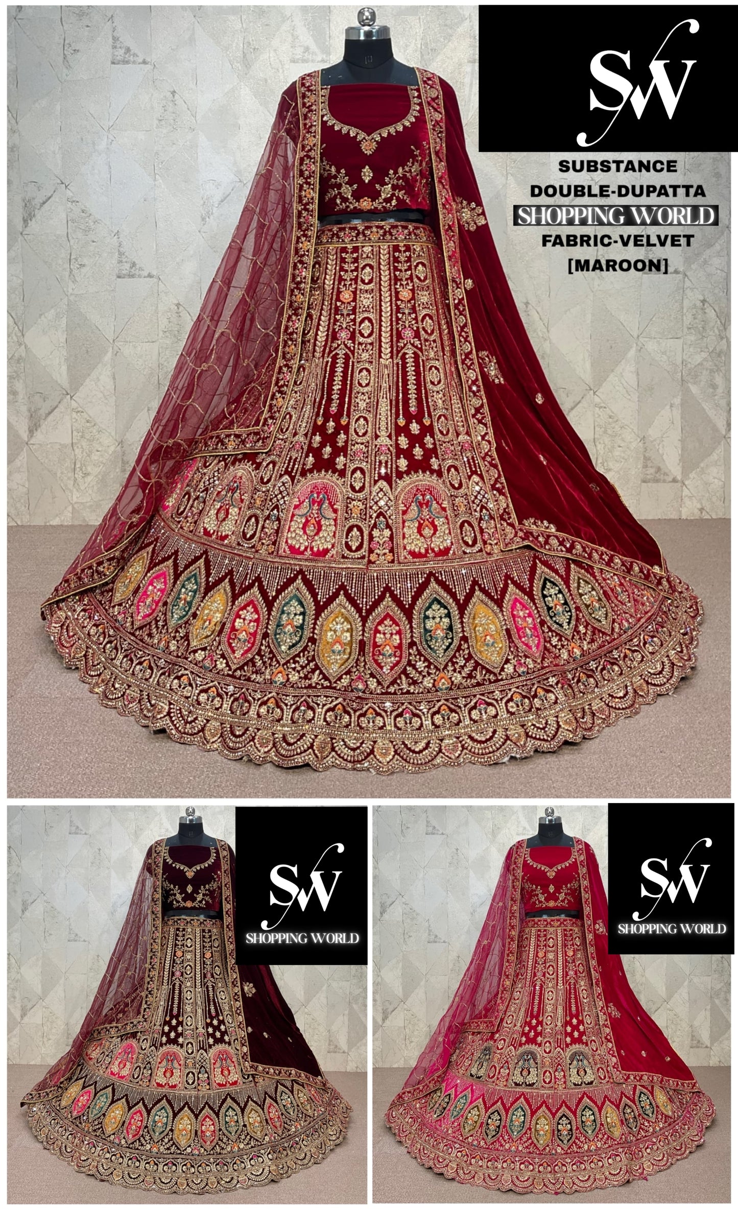 Rani Pink maroon Dark Maroon  Double Dupatta Velvet Bridal Lehenga