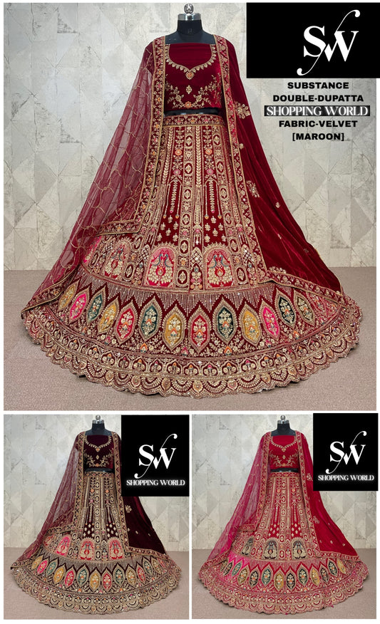 Rani Pink maroon Dark Maroon  Double Dupatta Velvet Bridal Lehenga