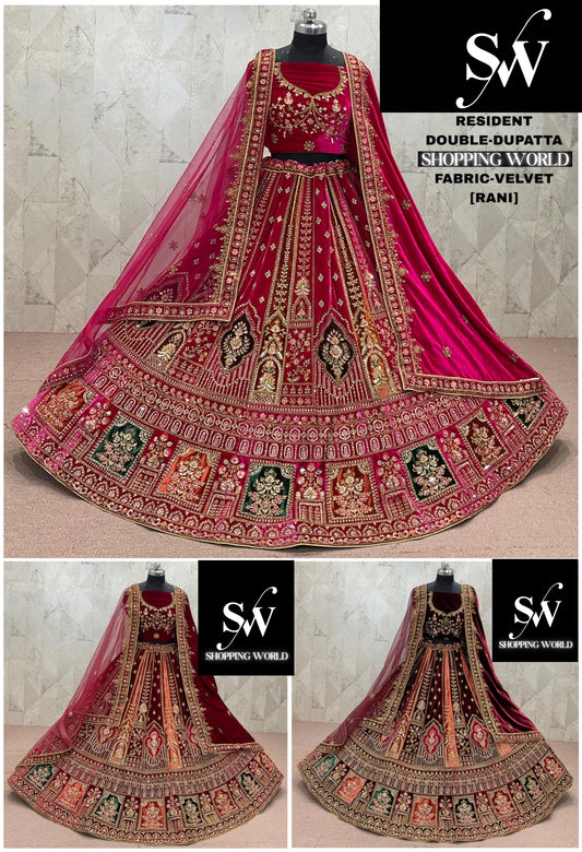 Rani Pink maroon Dark Maroon  Double Dupatta Velvet Bridal Lehenga