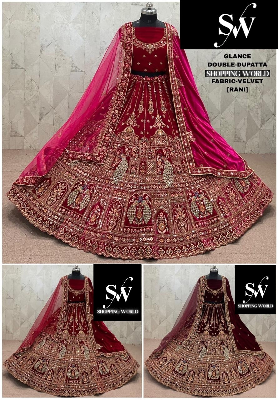 Rani Pink maroon Dark Maroon  Double Dupatta Peacock Velvet Bridal Lehenga
