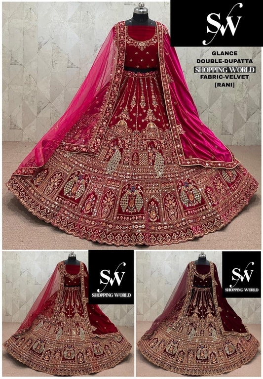 Rani Pink maroon Dark Maroon  Double Dupatta Peacock Velvet Bridal Lehenga