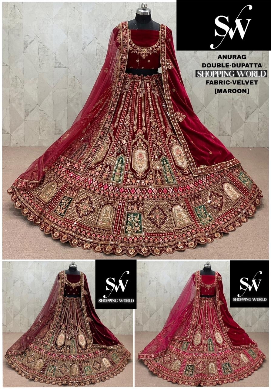Rani Pink maroon Dark Maroon  Double Dupatta Velvet Bridal Lehenga