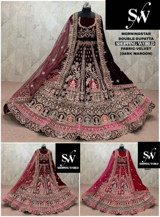 Rani Pink maroon Dark Maroon  Double Dupatta Velvet Bridal Lehenga