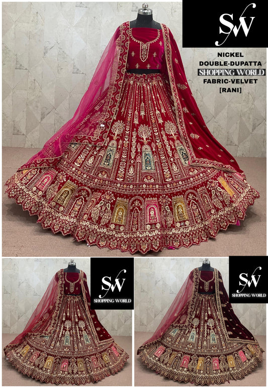 Rani Pink maroon Dark Maroon  Double Dupatta Velvet Bridal Lehenga