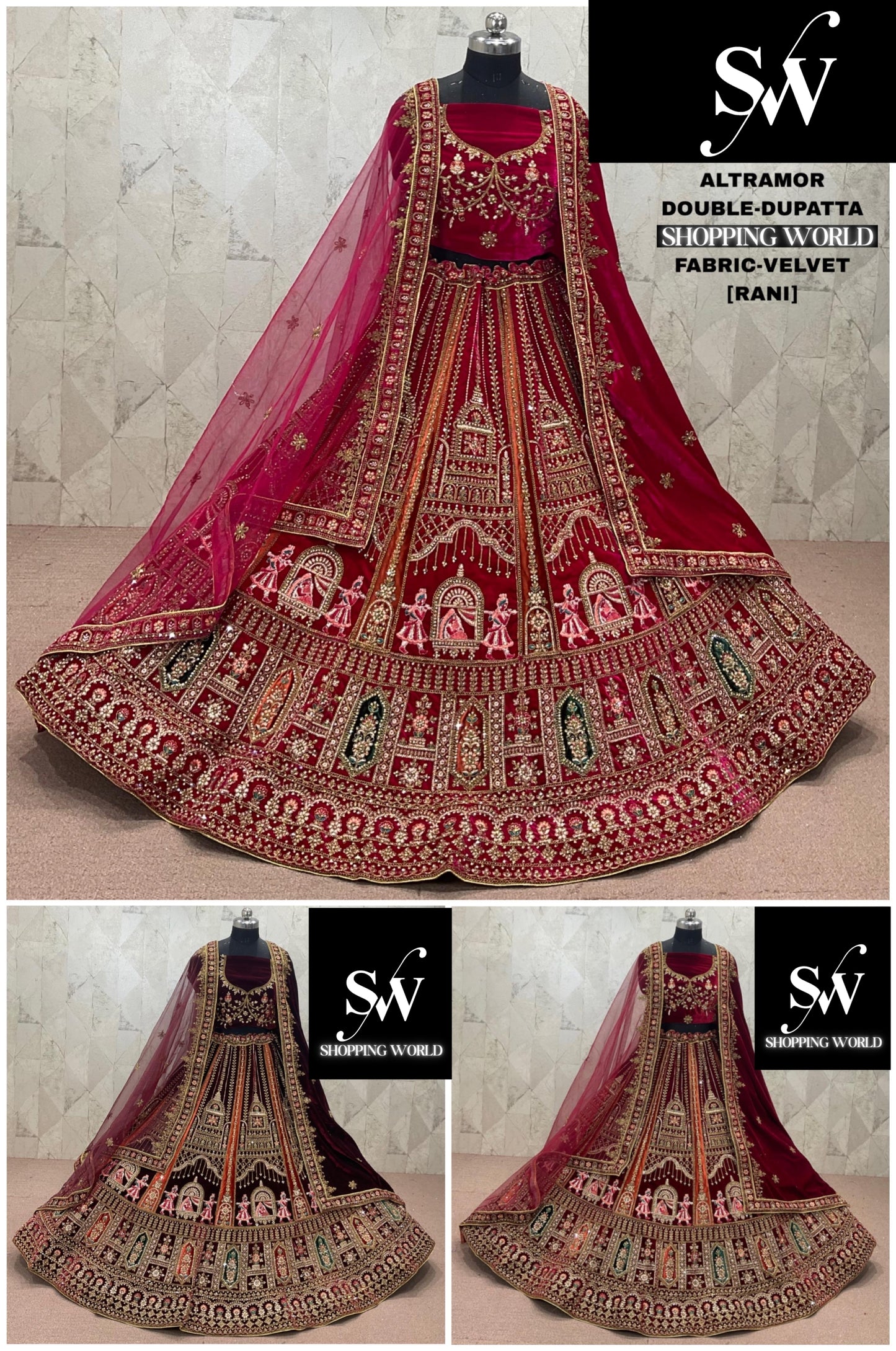 Rani Pink maroon Dark Maroon  Double Dupatta Doli Barat Velvet Bridal Lehenga