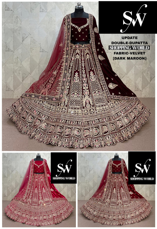 Rani Pink maroon Dark Maroon  Double Dupatta Peacock Velvet Bridal Lehenga