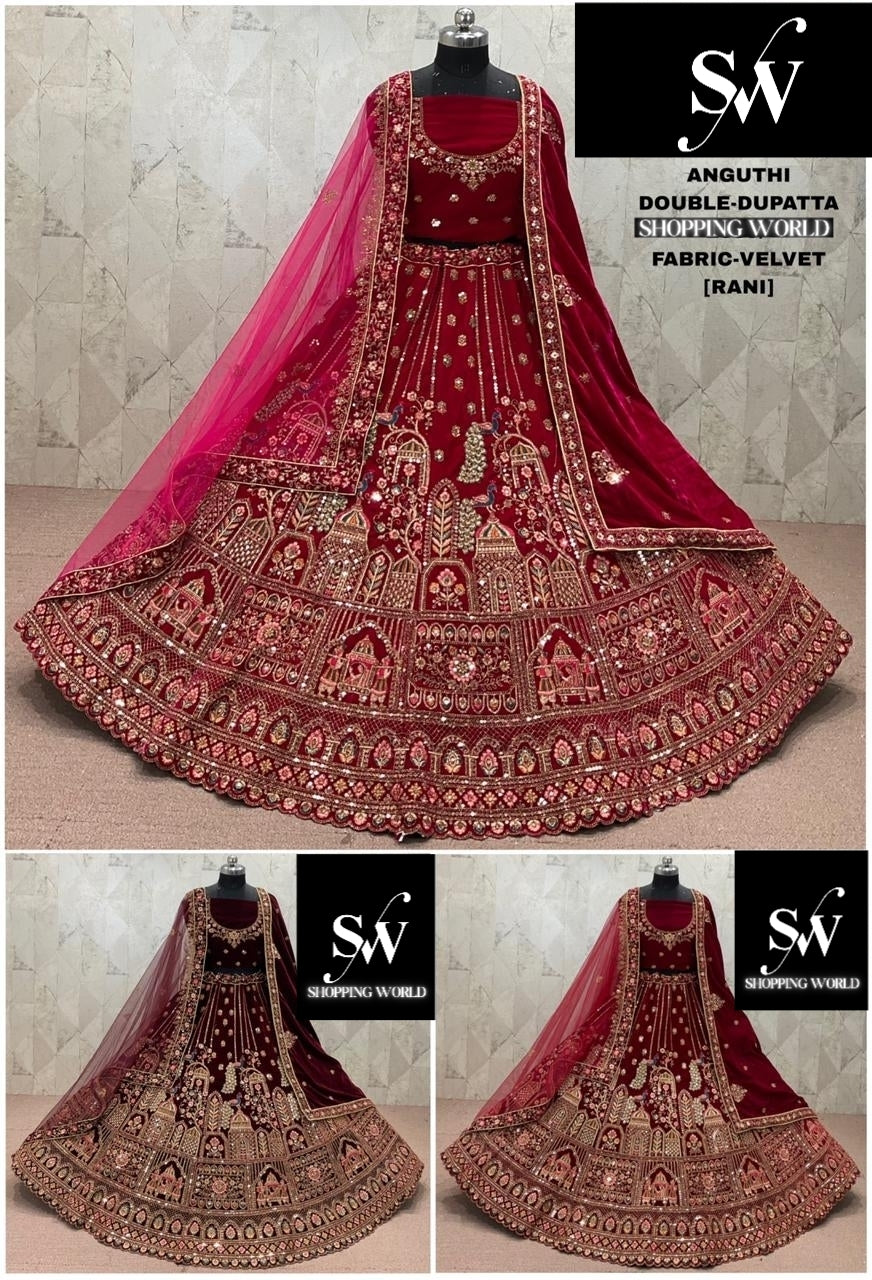 Rani Pink maroon Dark Maroon  Double Dupatta Doli Barat Peacock Velvet Bridal Lehenga