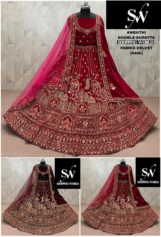 Rani Pink maroon Dark Maroon  Double Dupatta Doli Barat Peacock Velvet Bridal Lehenga