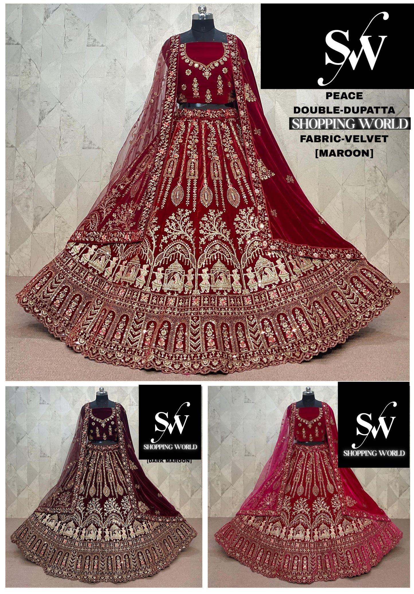 Rani Pink maroon Dark Maroon  Double Dupatta Doli Barat Velvet Bridal Lehenga