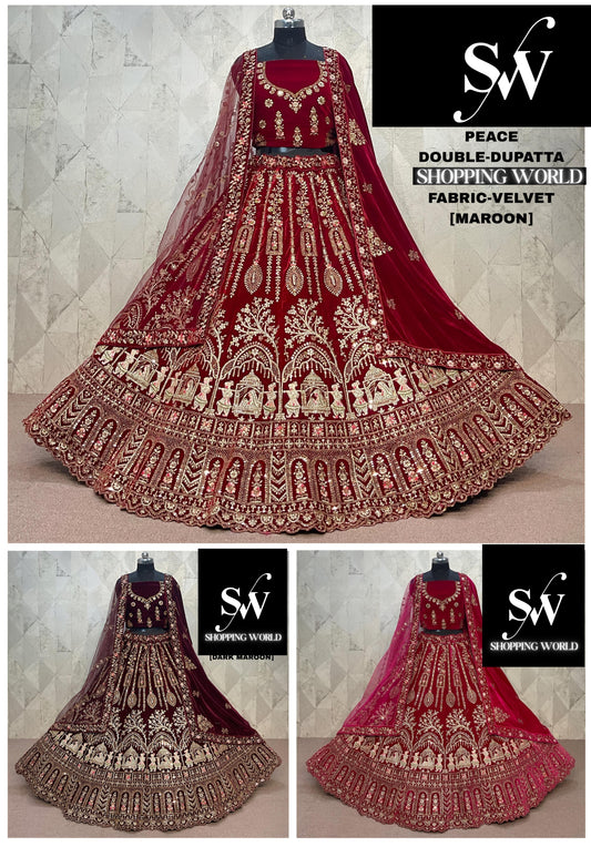 Rani Pink maroon Dark Maroon  Double Dupatta Doli Barat Velvet Bridal Lehenga