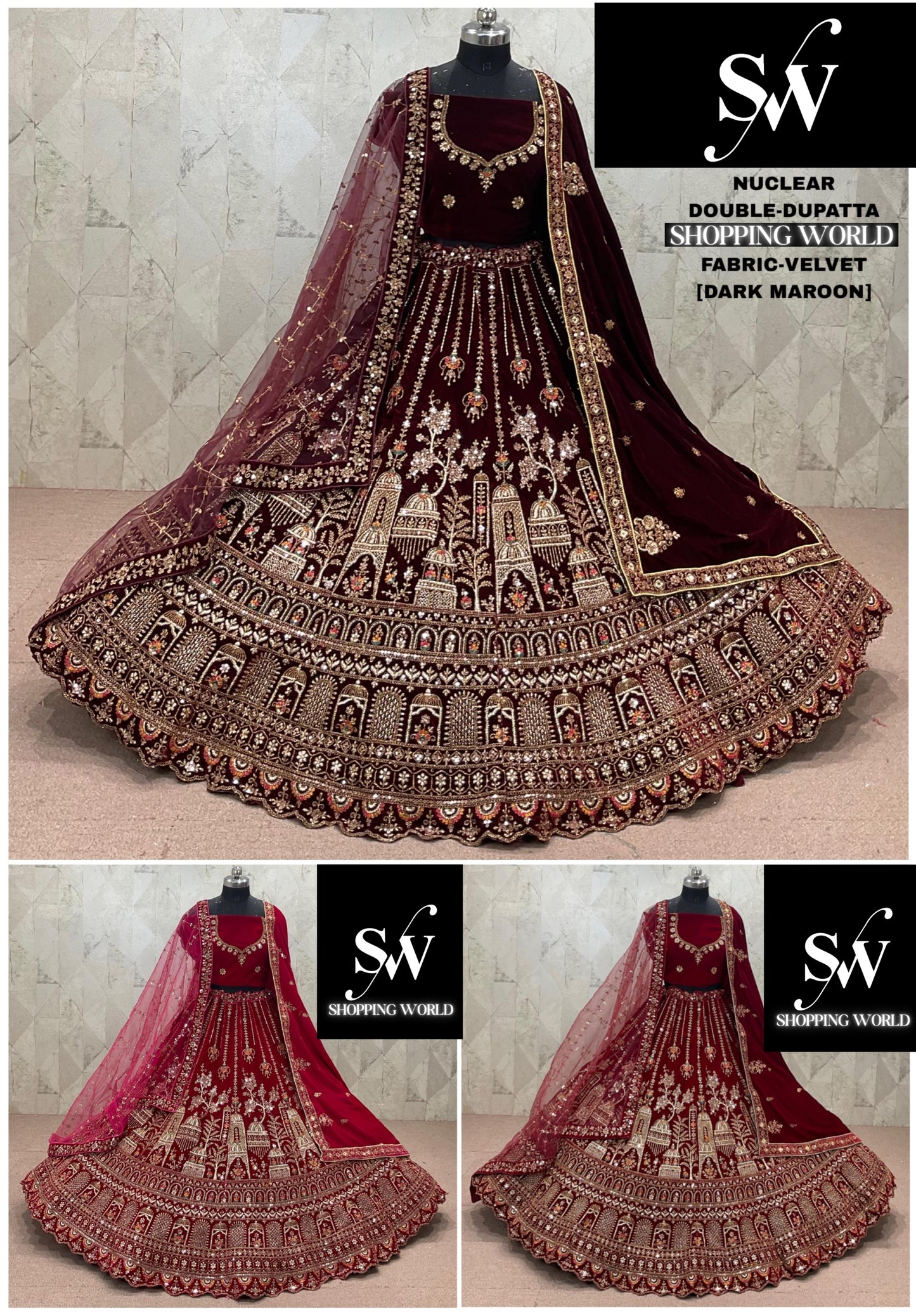 Rani Pink maroon Dark Maroon  Double Dupatta Velvet Bridal Lehenga