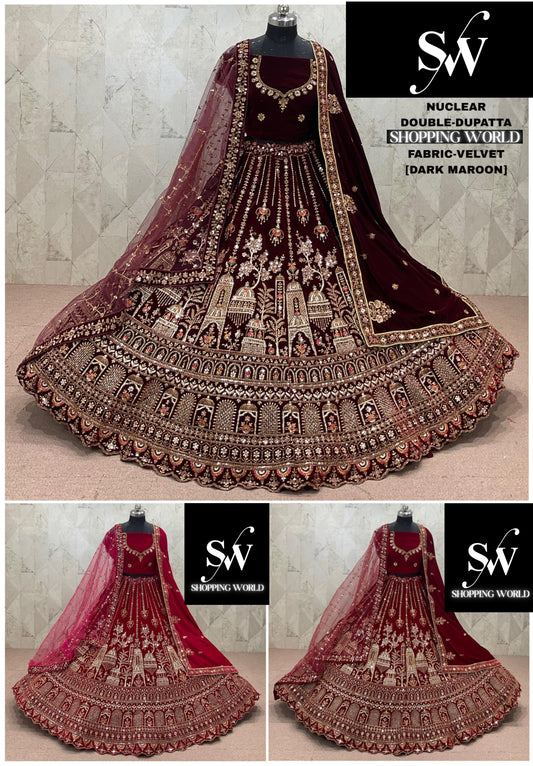Rani Pink maroon Dark Maroon  Double Dupatta Velvet Bridal Lehenga