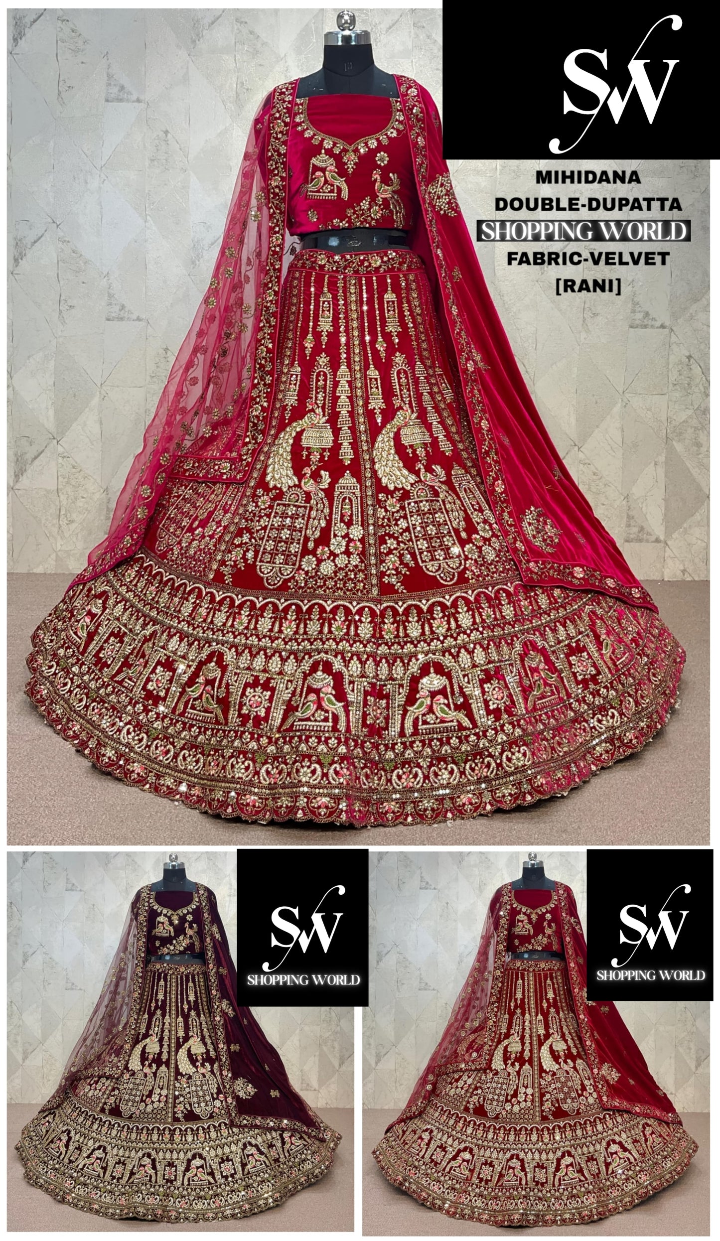 Rani Pink maroon Dark Maroon  Double Dupatta Velvet Peacock Bridal Lehenga