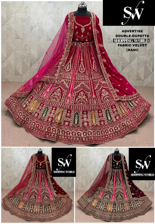 Rani Pink maroon Dark Maroon  Double Dupatta Velvet Bridal Lehenga