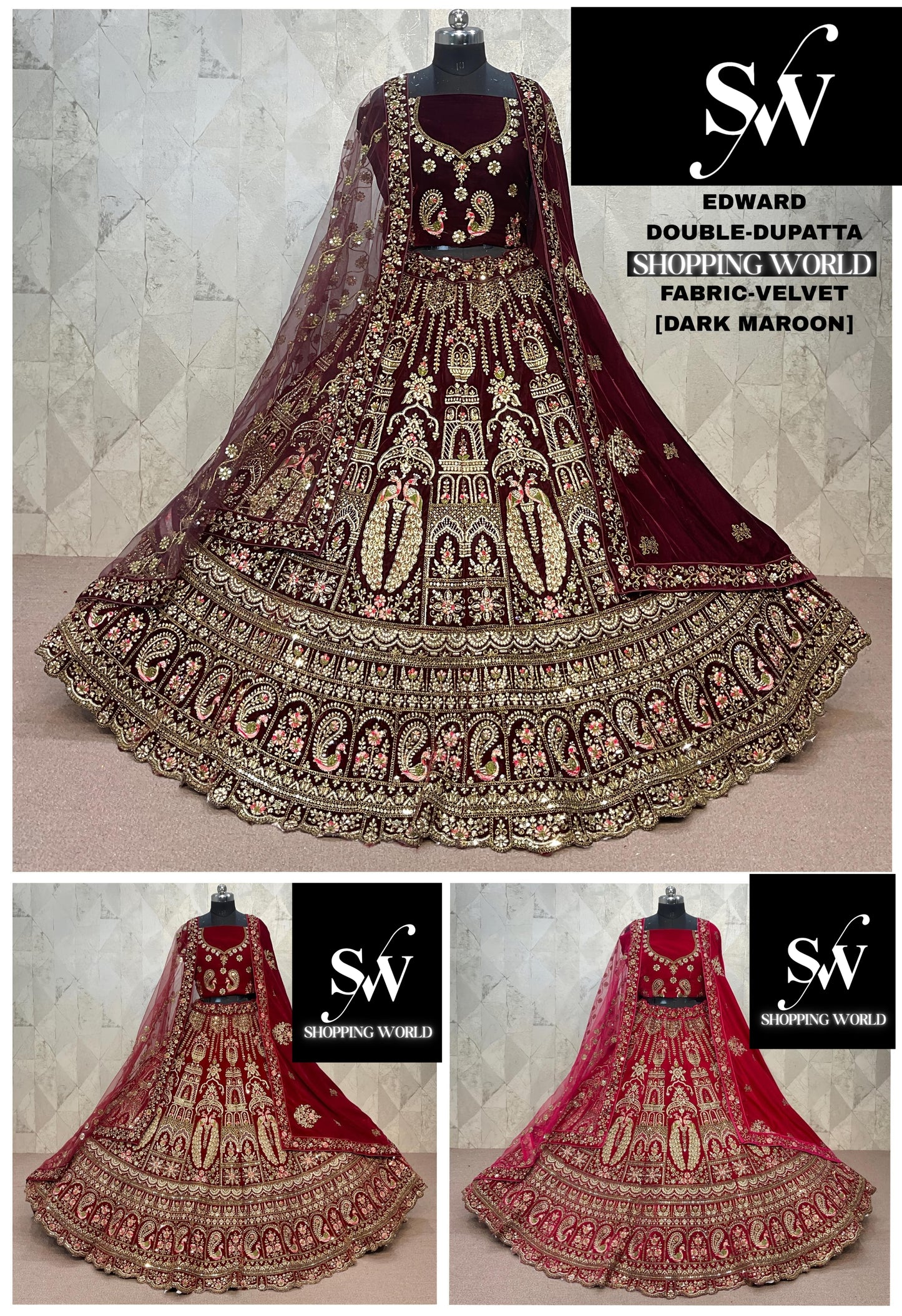 Rani Pink maroon Dark Maroon  Double Dupatta Velvet Peacock Bridal Lehenga